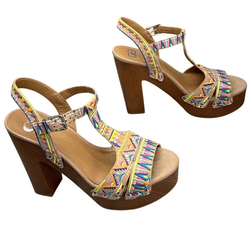 Gianni Bini Retro Glam Aztec Print 5" Wood Platform Heel T-Strap Sandal Women 9 - Picture 5 of 8